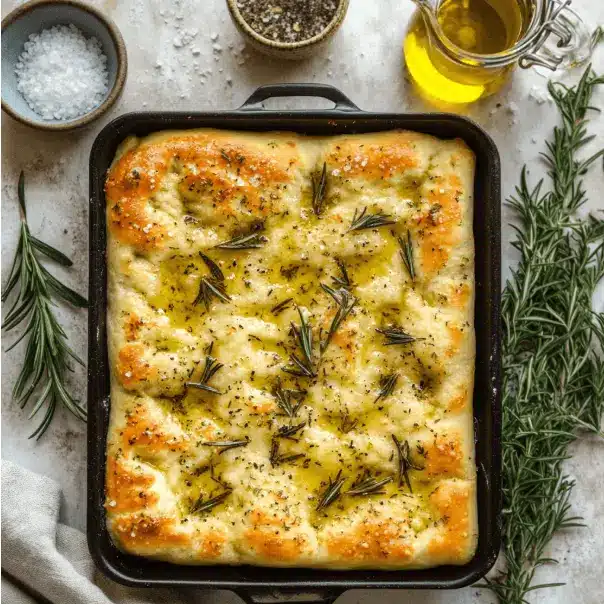 Golden-baked simple sourdough focaccia bread drizzled with olive oil and sea salt