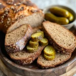 Pickle Sourdough Rye Bread: A Tangy Twist on Traditional Fermentation 6 Close-up of a rustic pickle sourdough rye bread loaf with a golden crust and airy crumb