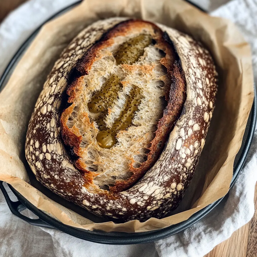 Pickle Sourdough Rye Bread: A Tangy Twist on Traditional Fermentation 8 Pickle sourdough rye bread fresh out of a Dutch oven, with crisp edges and aromatic herbs