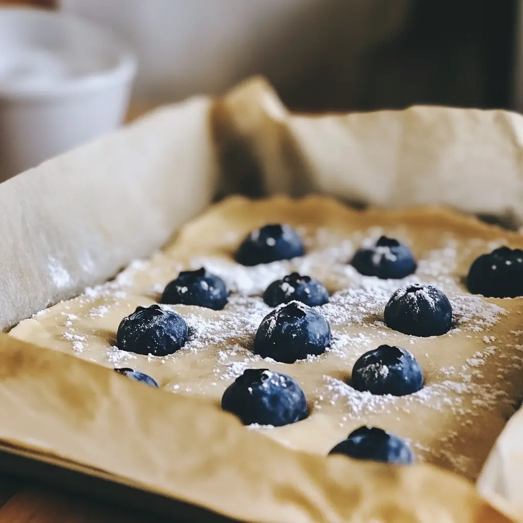 Unbaked sourdough blueberry focaccia topped with blueberries and sugar