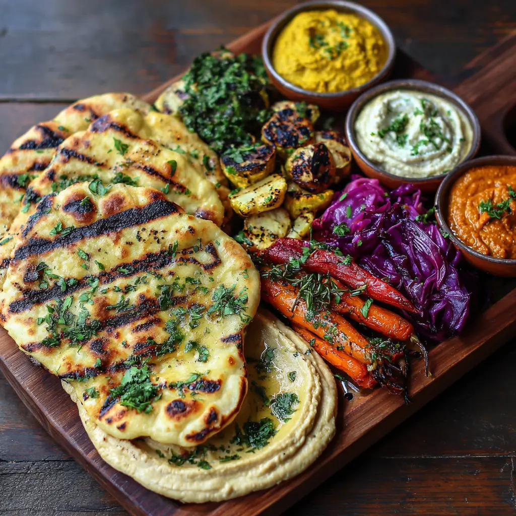 Sourdough Naan: The Softest Flatbread Recipe with Tangy Twist | DishRCP 10 Serving board with sourdough naan and dips