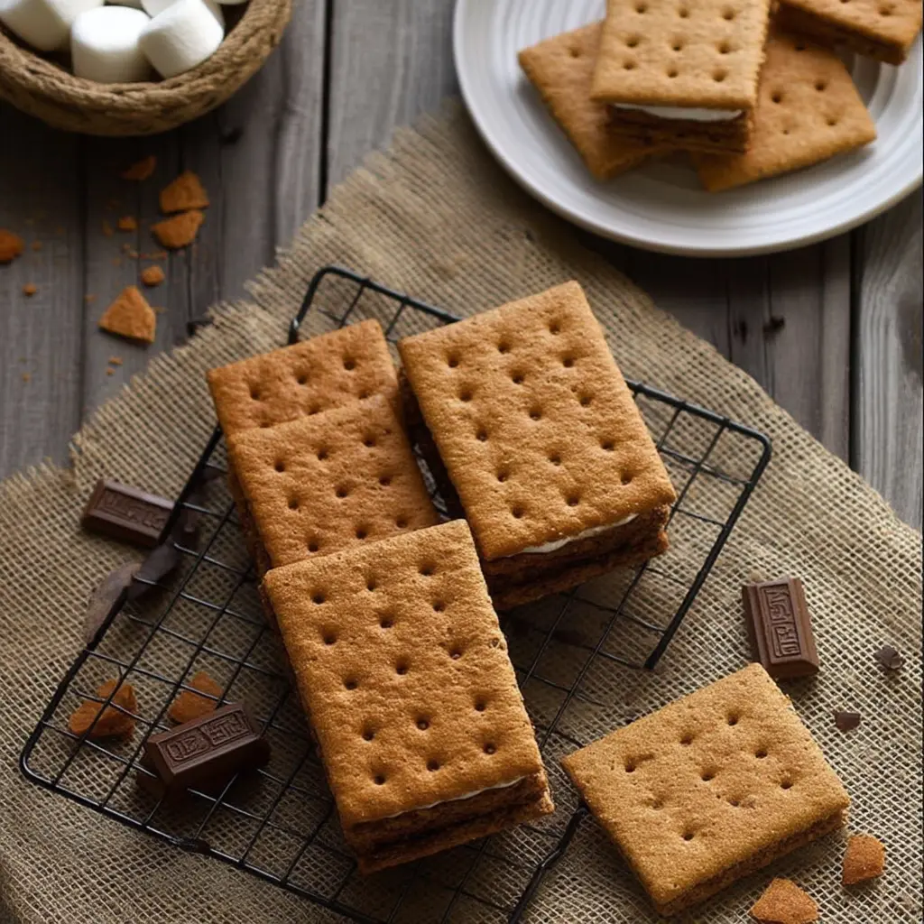 Sourdough Graham Crackers Recipe: Crispy, Wholesome & Homemade 6 Homemade Sourdough Graham Crackers stacked on rustic plate