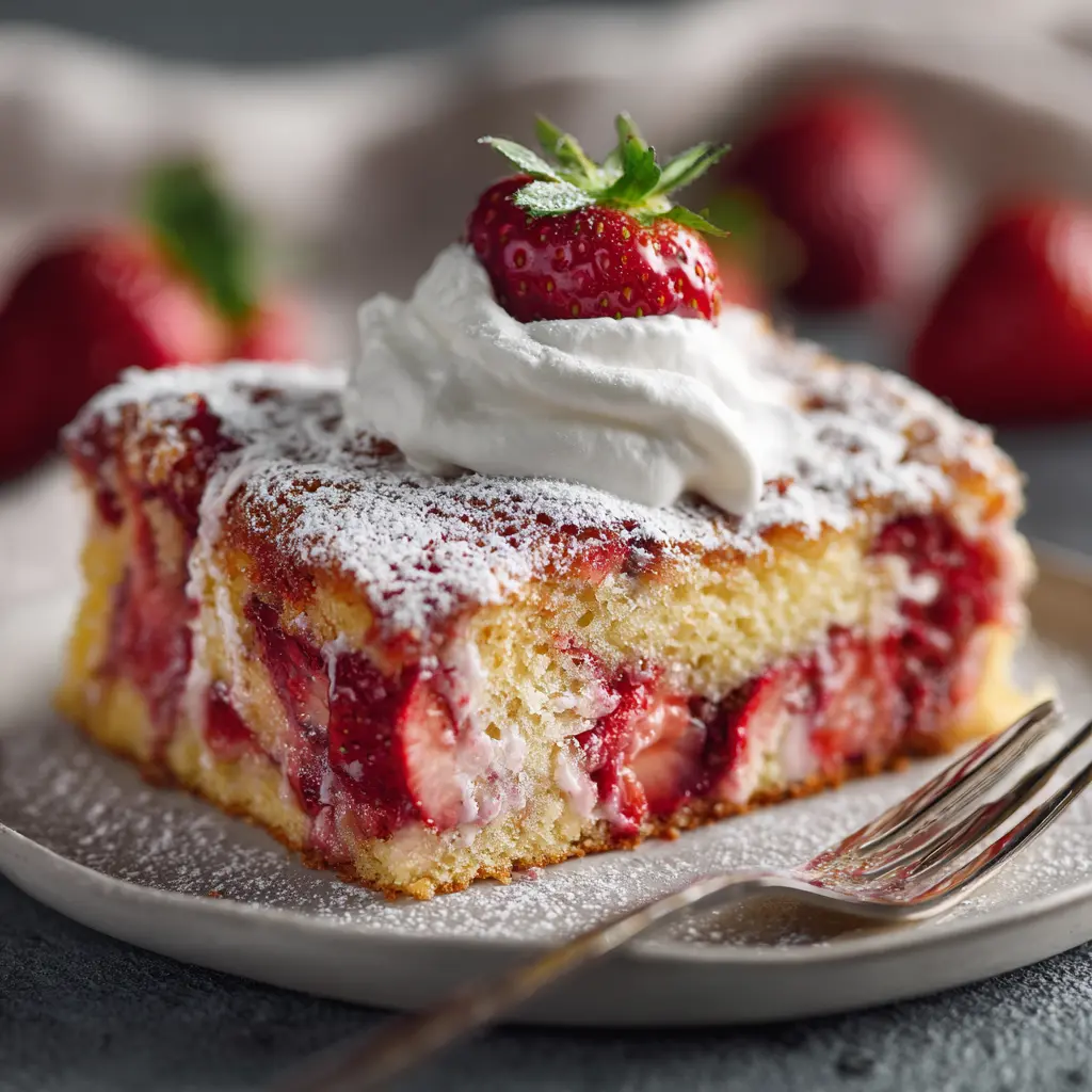 Sourdough Strawberry Cake – A Sweetly Tangy Masterpiece from Your Kitchen 10 Sliced sourdough strawberry cake served with whipped cream