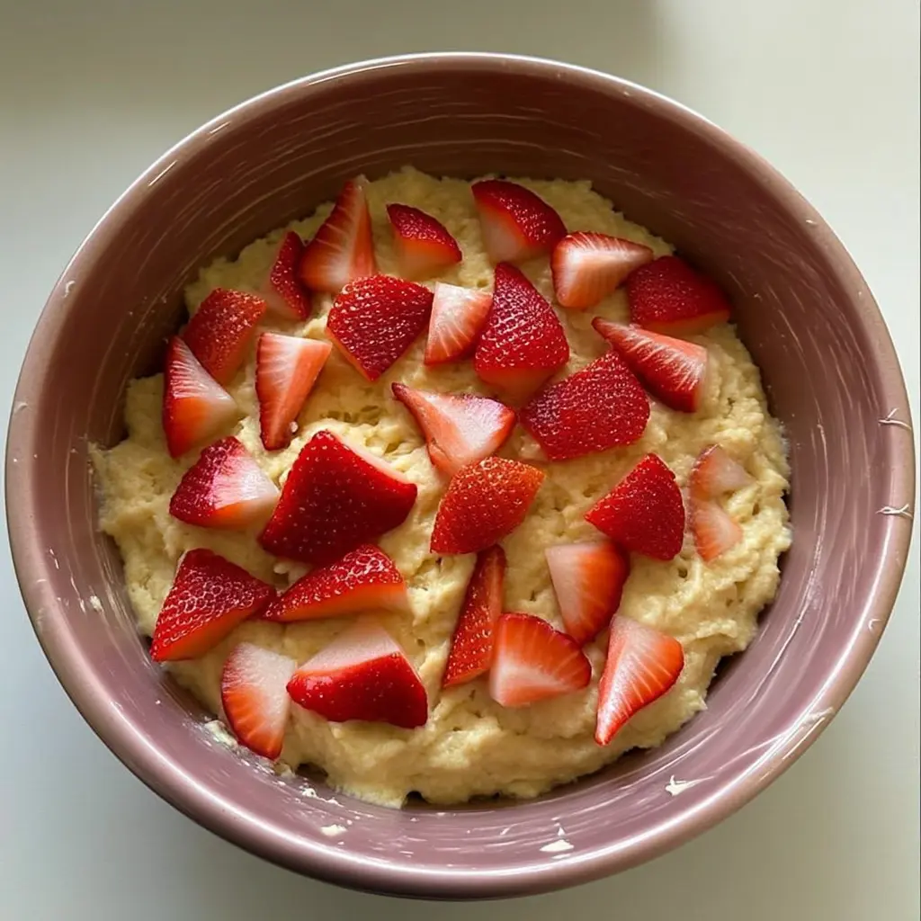 Sourdough Strawberry Cake – A Sweetly Tangy Masterpiece from Your Kitchen 9 Sourdough cake batter topped with strawberries