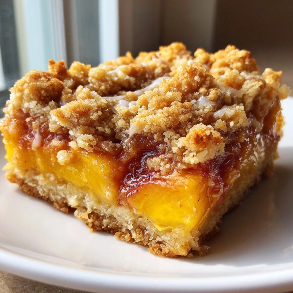Peaches and Cream Crumble Bars: Deliciously Easy Dessert! 2 Peaches and Cream Crumble Bars - Pretty. Simple. Sweet.