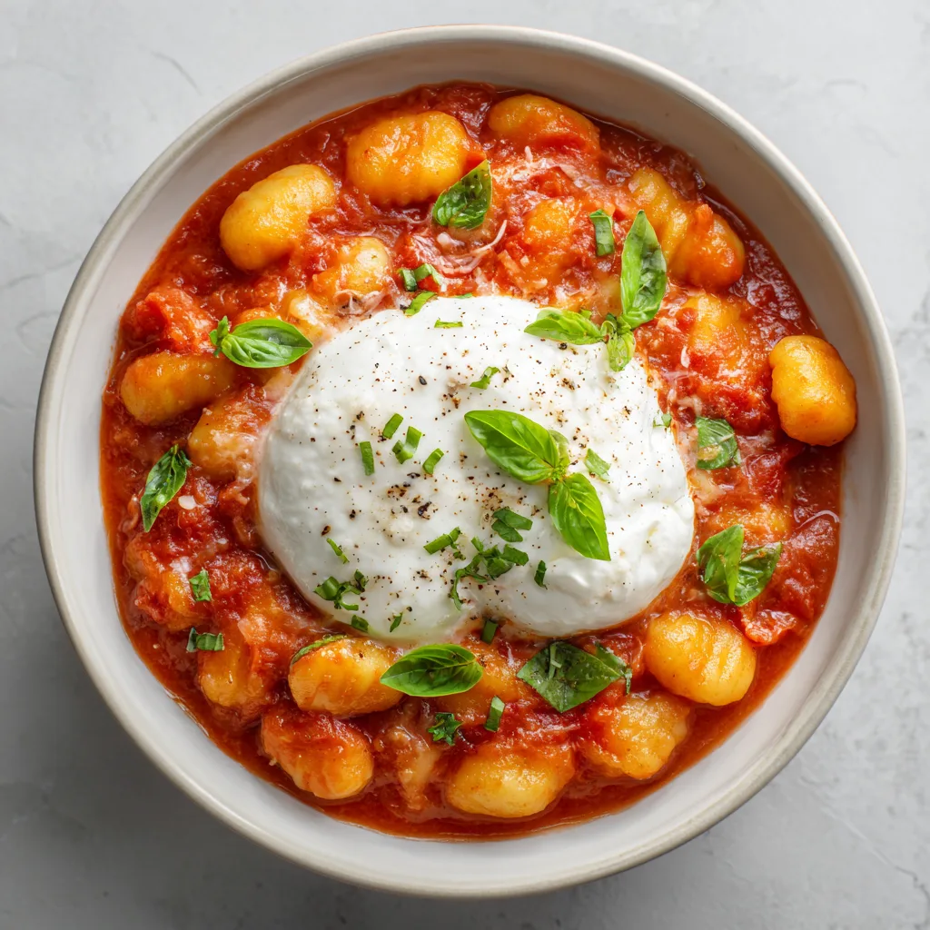 30 Minute Creamy Tomato Gnocchi with Burrata
