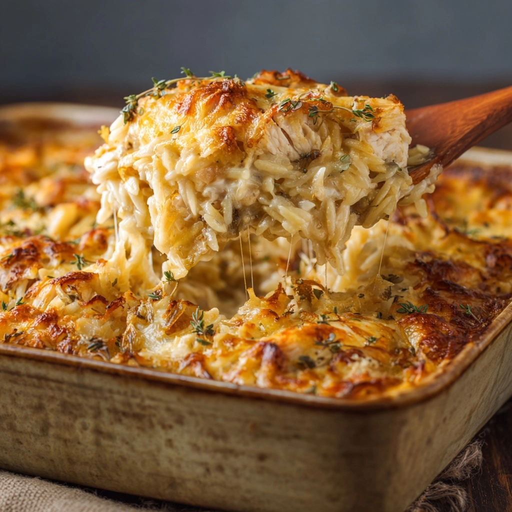French Onion Chicken Orzo Casserole