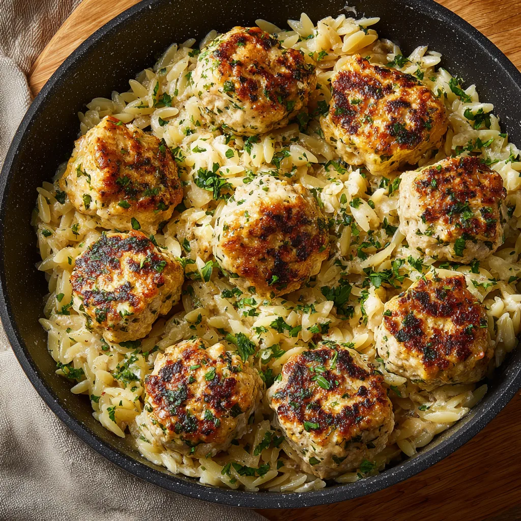 Greek Chicken Meatballs with Lemon Orzo