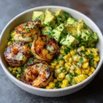 Grilled Shrimp Bowl with Avocado, Corn Salsa & Creamy Sauce