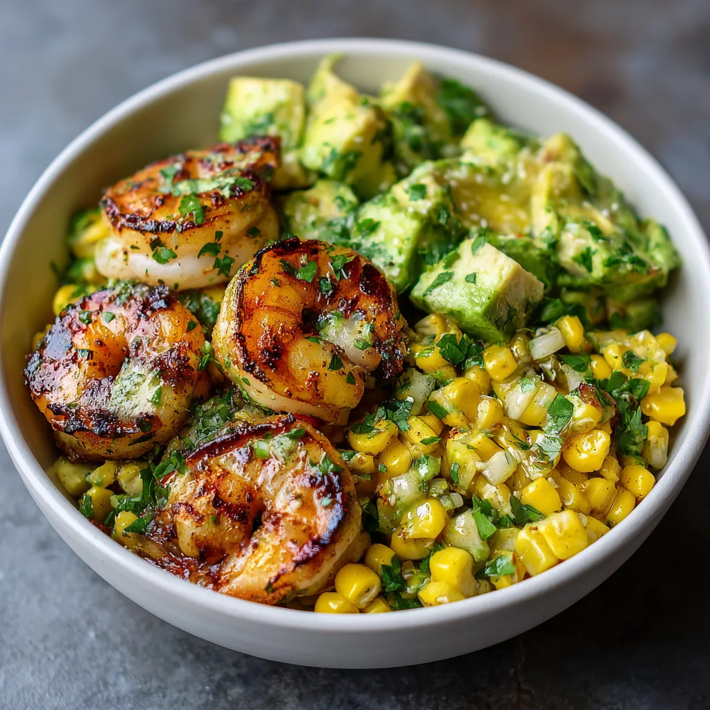 Grilled Shrimp Bowl with Avocado, Corn Salsa & Creamy Sauce