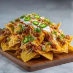 Nacho dish with minced meat, cheese and chili sauce