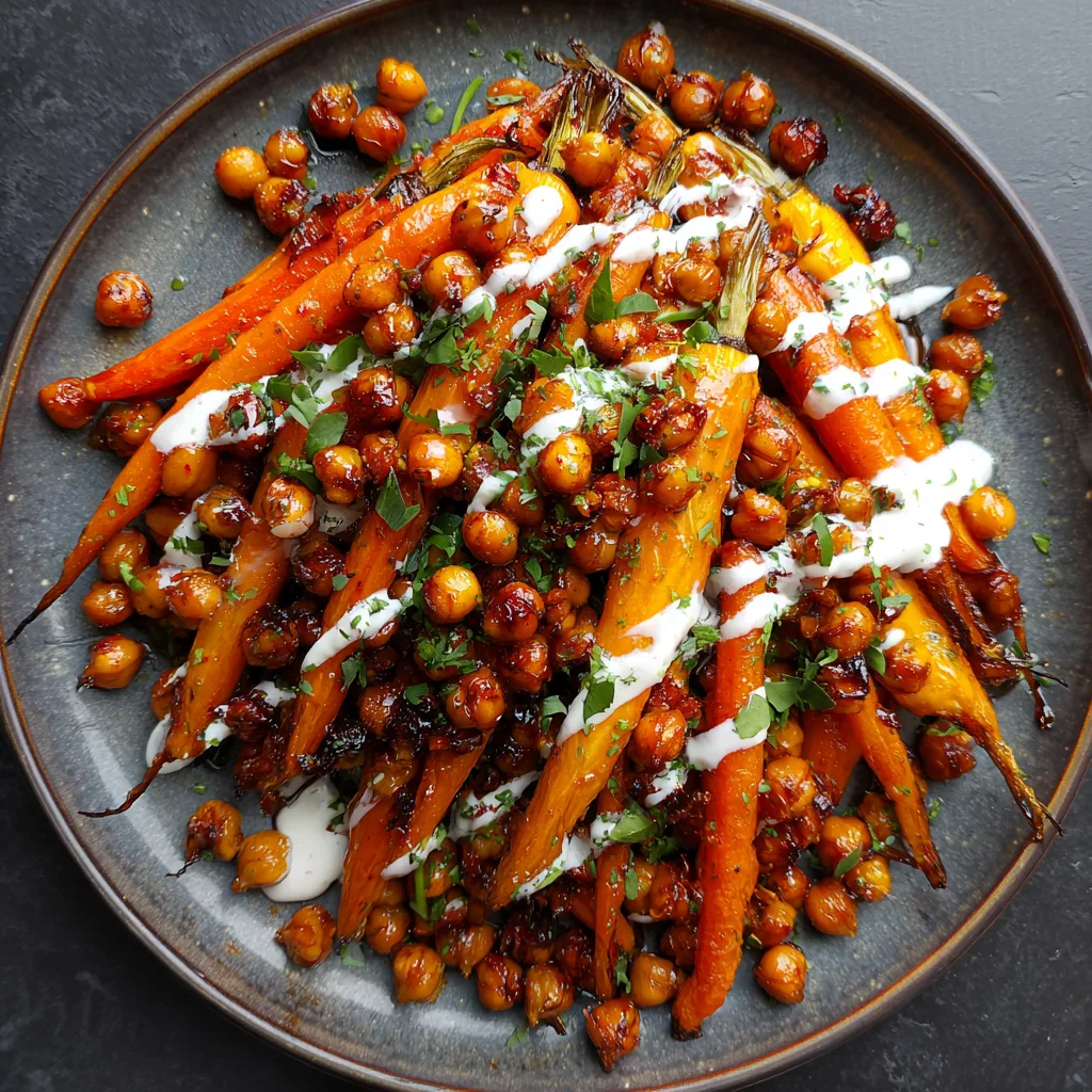 Spicy maple roast carrots with crispy chickpeas and yogurt sauce
