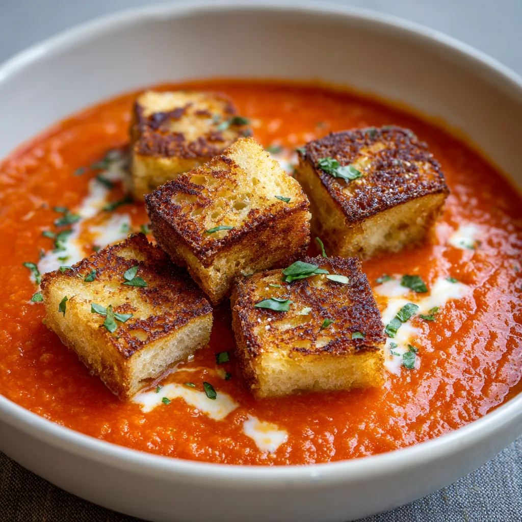 Creamy Tomato Basil Soup with Grilled Cheese Croutons
