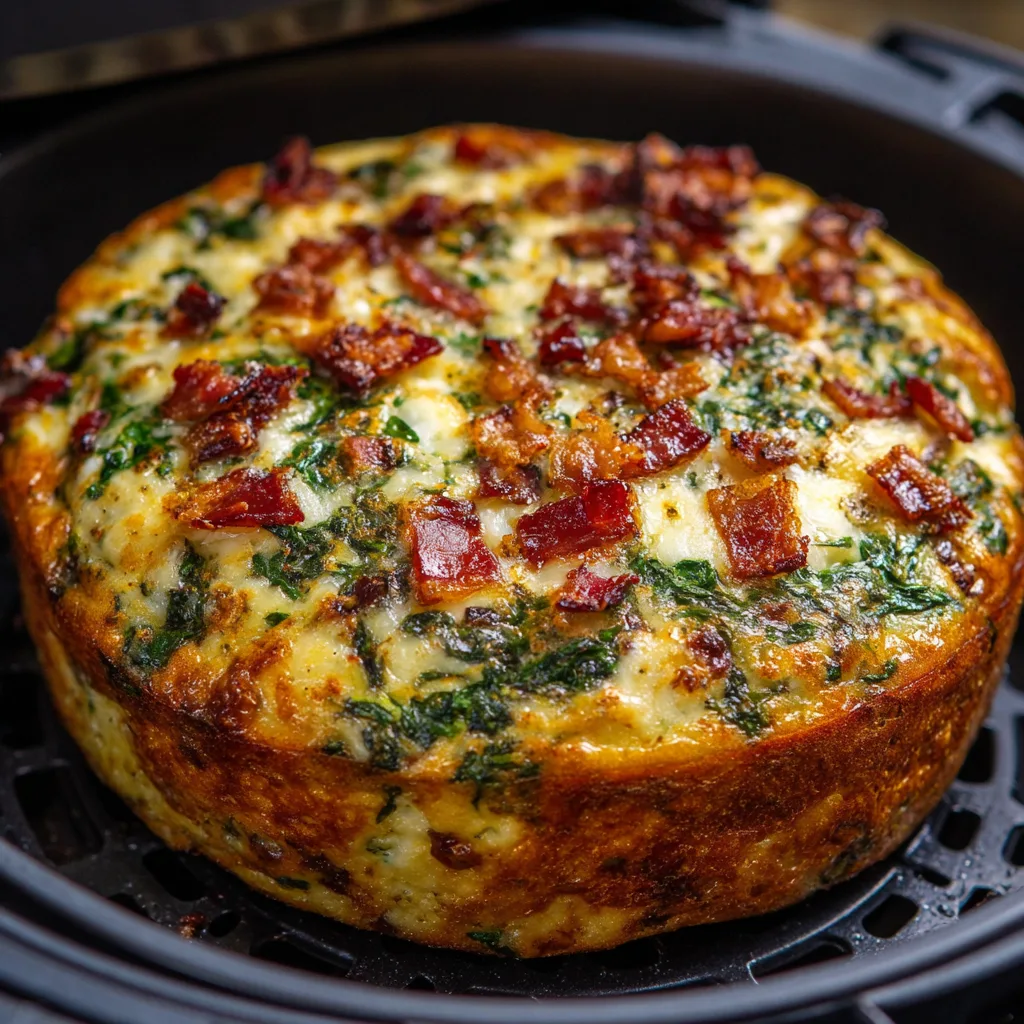 10-Minute Air Fryer Frittata with Spinach, Bacon, and Swiss Cheese