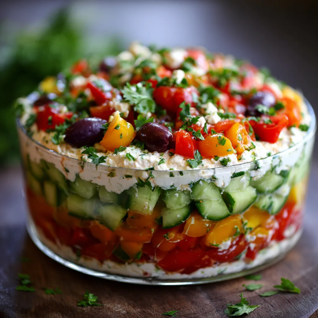 7-Layer Greek Dip with Feta, Hummus, and Fresh Spring Veggies