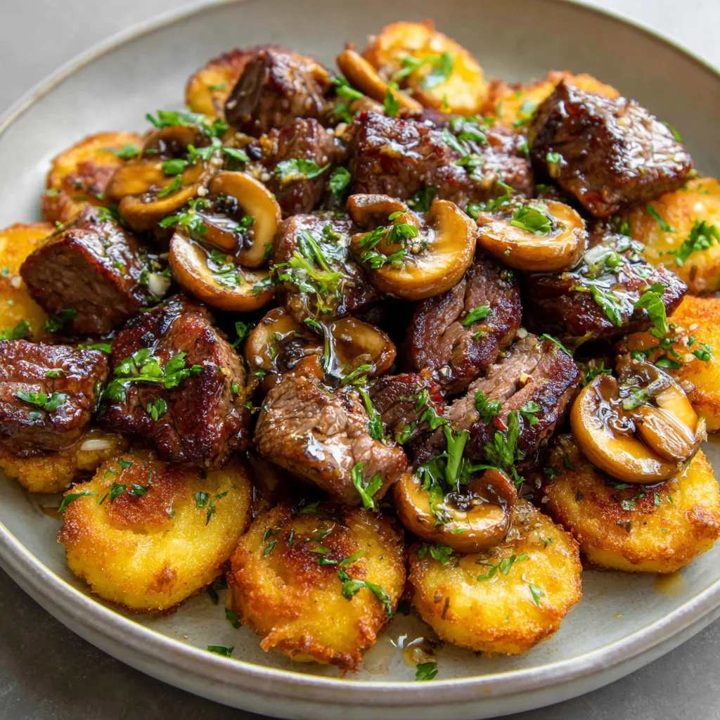 Crispy Air Fryer Steak Bites with Garlic Butter Mushrooms