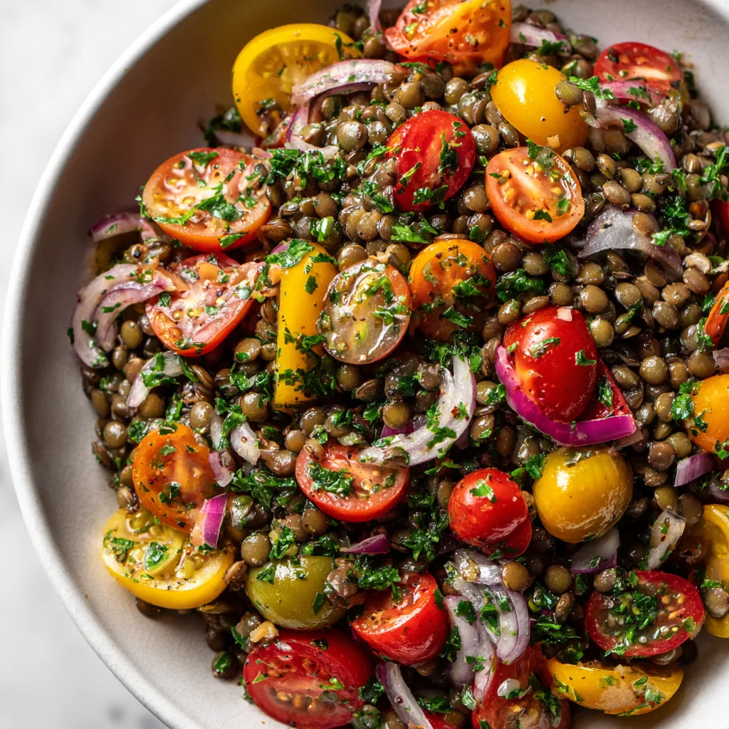 French Green Lentil Salad with Cherry Tomatoes (The Most Sustainable Protein)
