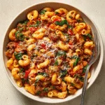 One-Pot Creamy Tomato Pasta with Beef and Hidden Spinach