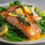 Roasted Salmon with Spring Greens and a Lemon-Caper Vinaigrette you’ll crave! 3 Roasted Salmon with Spring Greens and a Lemon-Caper Vinaigrette