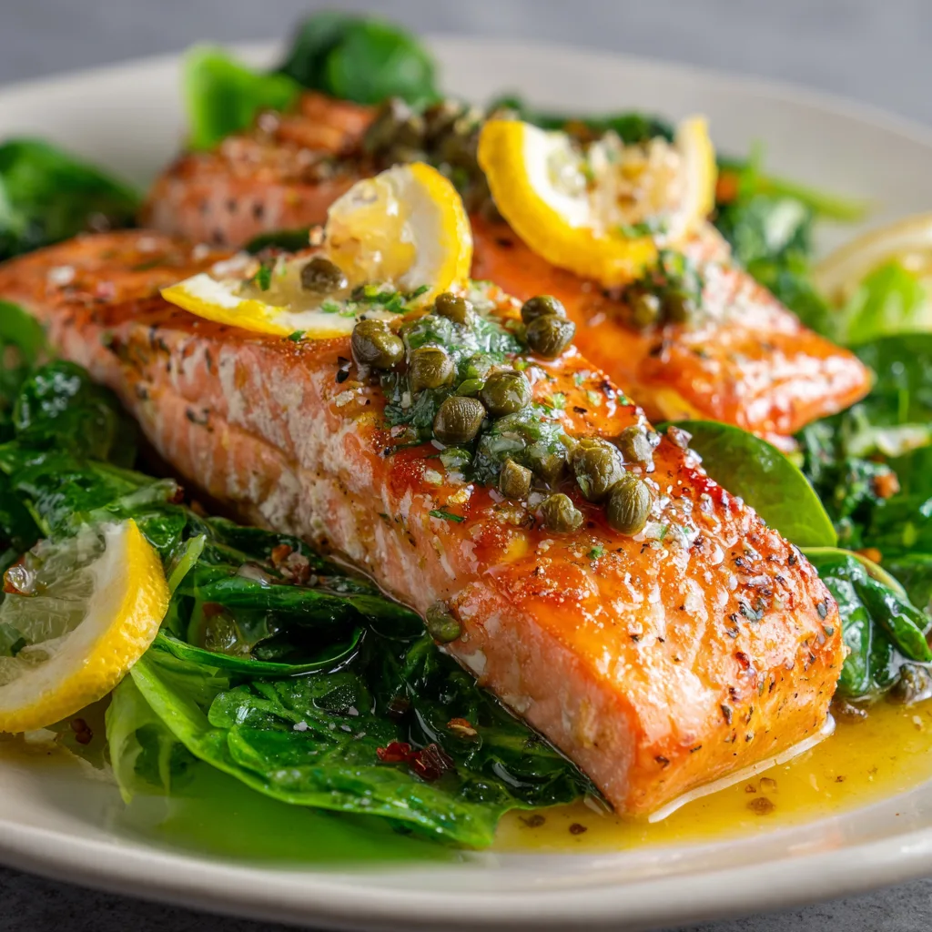 Roasted Salmon with Spring Greens and a Lemon-Caper Vinaigrette you’ll crave! 2 Roasted Salmon with Spring Greens and a Lemon-Caper Vinaigrette