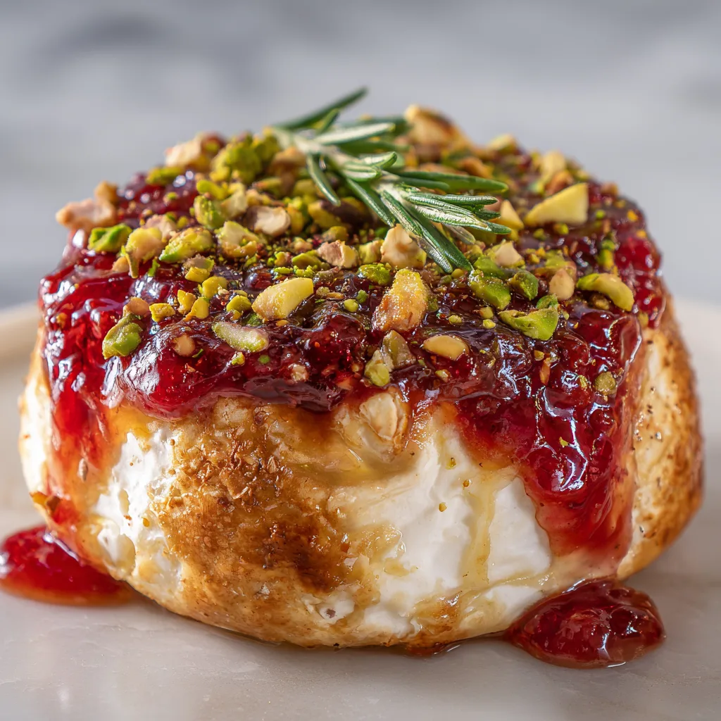 Baked Brie with Strawberry Jam and Pistachios (vegetarian)