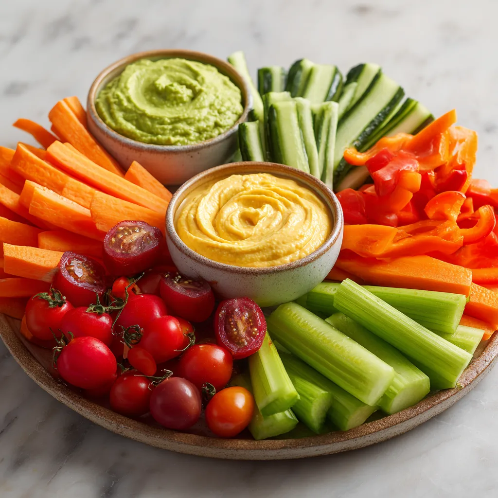 Colorful Veggie Tray with 3 Dips