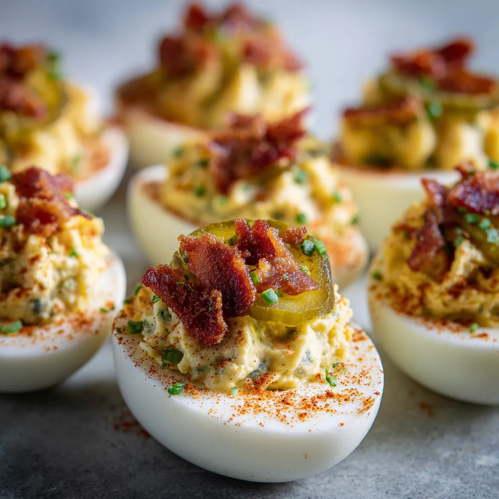 Loaded Deviled Eggs with Bacon and Pickles (gluten-free)