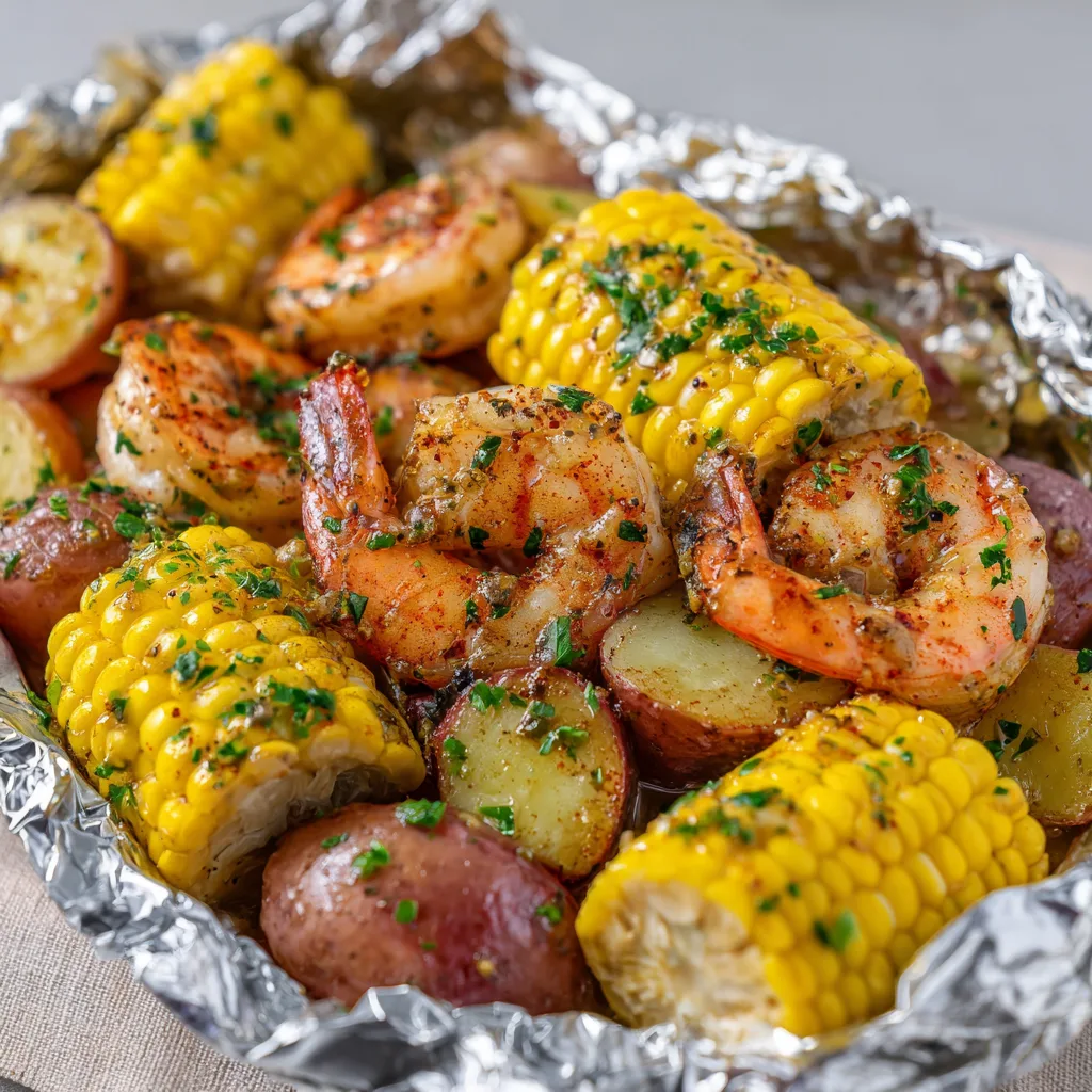 Shrimp Boil Foil Packs with Corn and Potatoes (grilling)