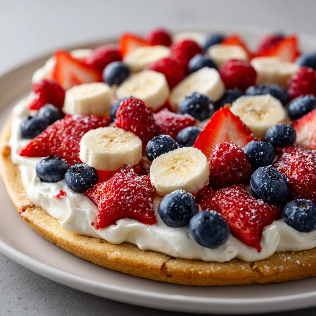 Star-Spangled Fruit Pizza on Sugar Cookie