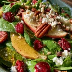 Apple Spinach Salad with Pecans, Cranberries, Goat Cheese, and homemade Maple-Lime Mustard Dressing.