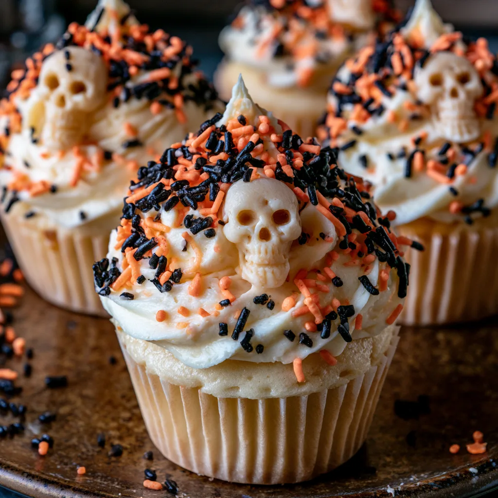 Spooky Halloween Skull Cupcake with Cream and Sprinkles Awaits! 2 Spooky Halloween Skull Cupcake with Cream and Spinkles