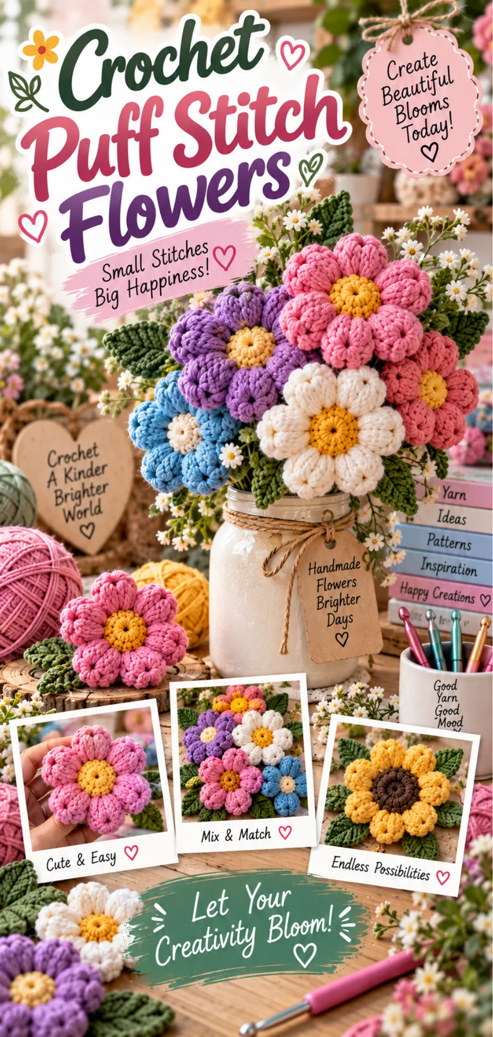 Crochet Puff Stitch Flowers Ideas for Creating Cute Meadows – Easy Photo Tutorial 2 Crochet Puff Stitch Flowers Ideas for Creating Cute Meadows -