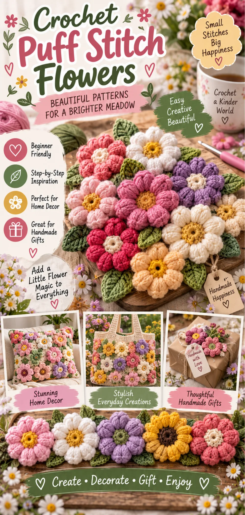 Crochet Puff Stitch Flowers Ideas for Creating Cute Meadows – Free Pattern 2 Crochet Puff Stitch Flowers Ideas for Creating Cute Meadows