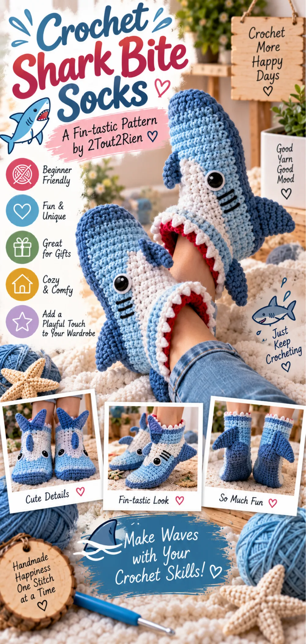 Des chaussettes requin croqueur au crochet - Free Crochet Pattern 2 Des chaussettes requin croqueur au crochet - 2Tout2Rien